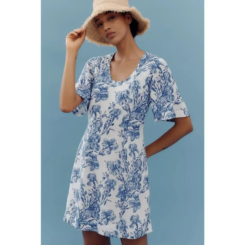 Anthropologie Short-Sleeve Crew-Neck Linen Printed Mini Dress - M